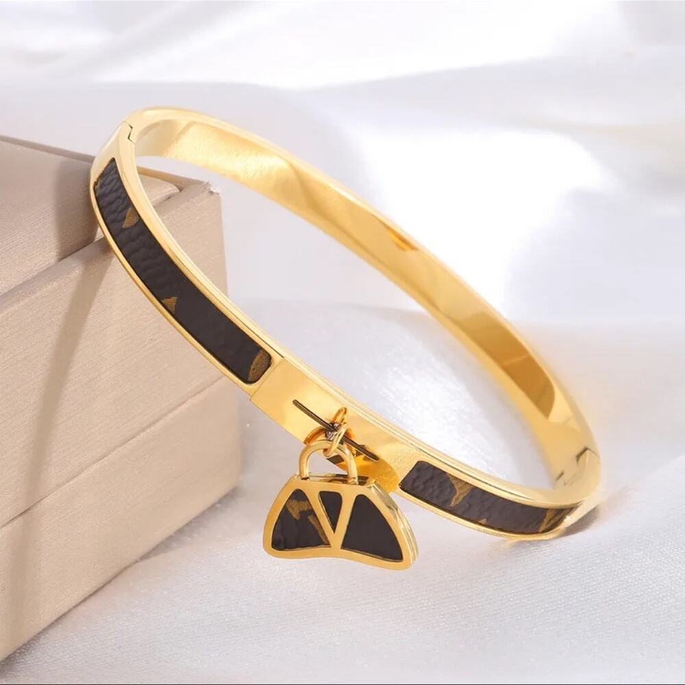 Gold Plated and Brown Monogram Bangle Charm Bracelet